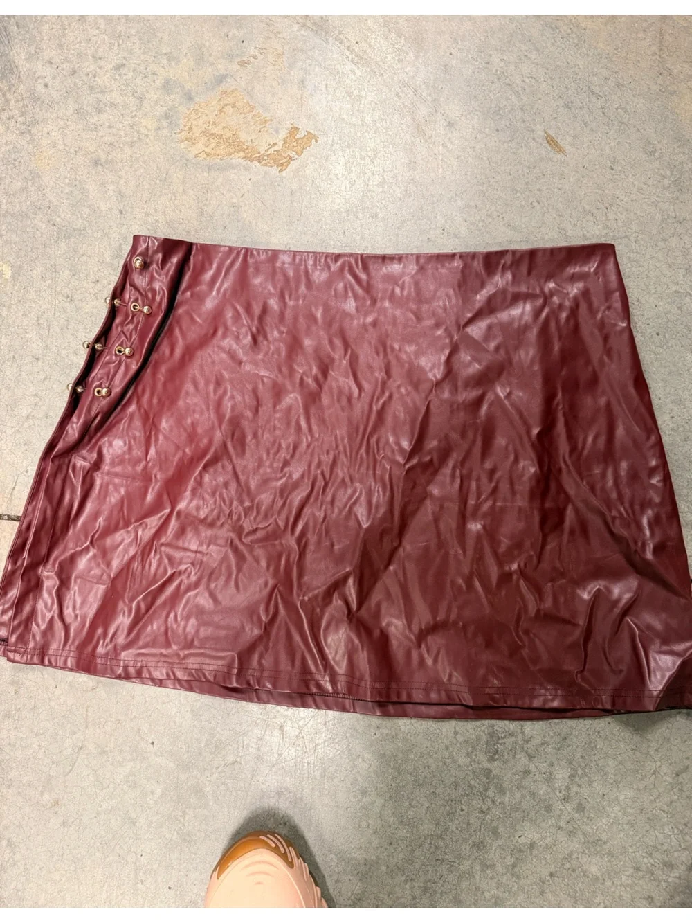 Women’s Faux Leather Burgundy Mini Skirt with Side Hook Detail